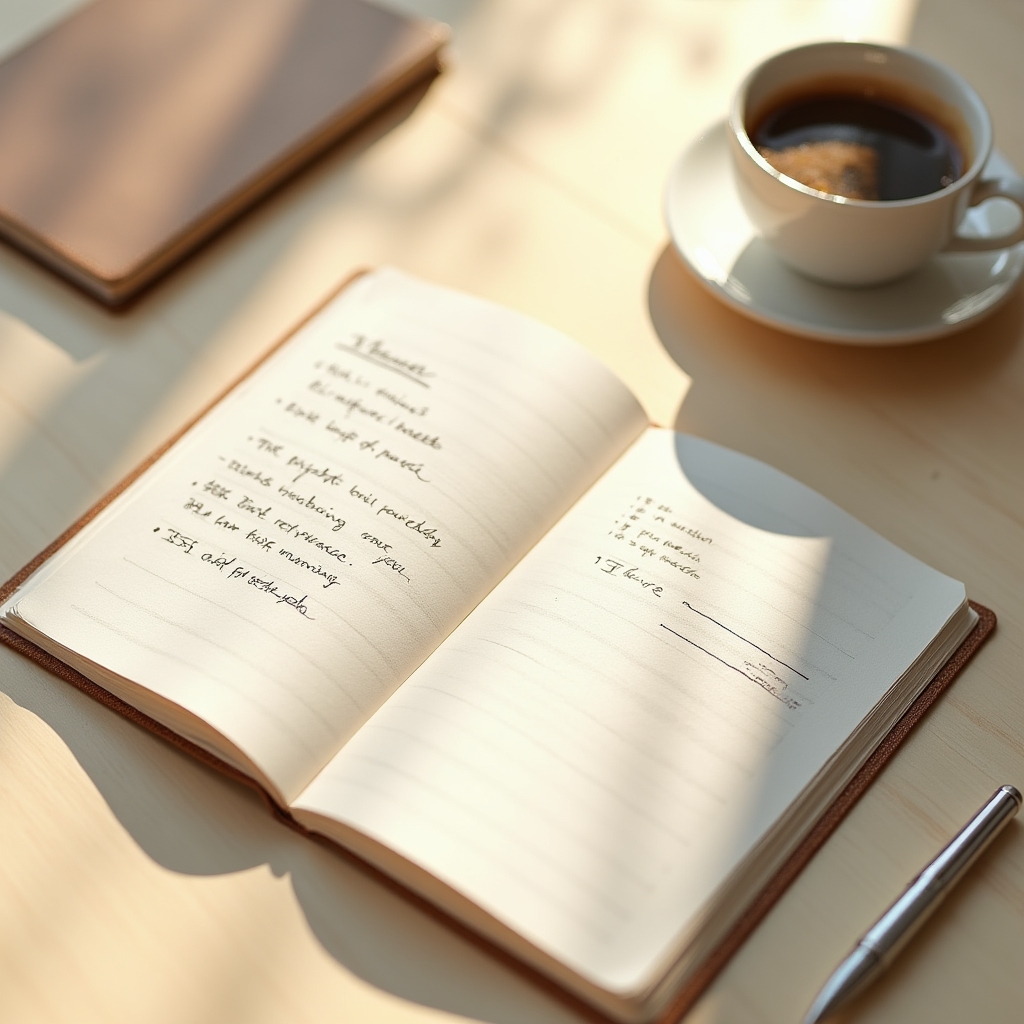 Cuaderno abierto con anotaciones breves junto a una taza de café sobre un escritorio de madera clara