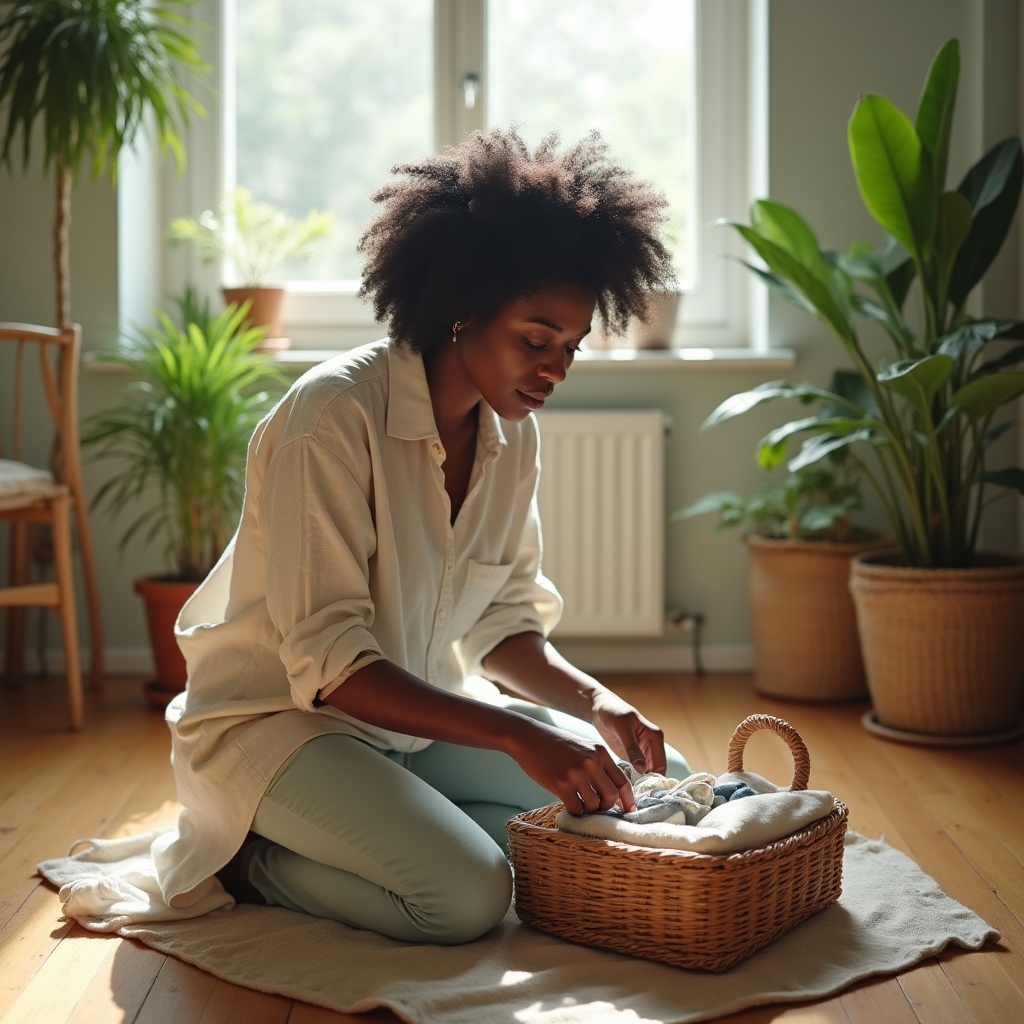Persona ordenando y revisando objetos personales en una habitación luminosa con plantas