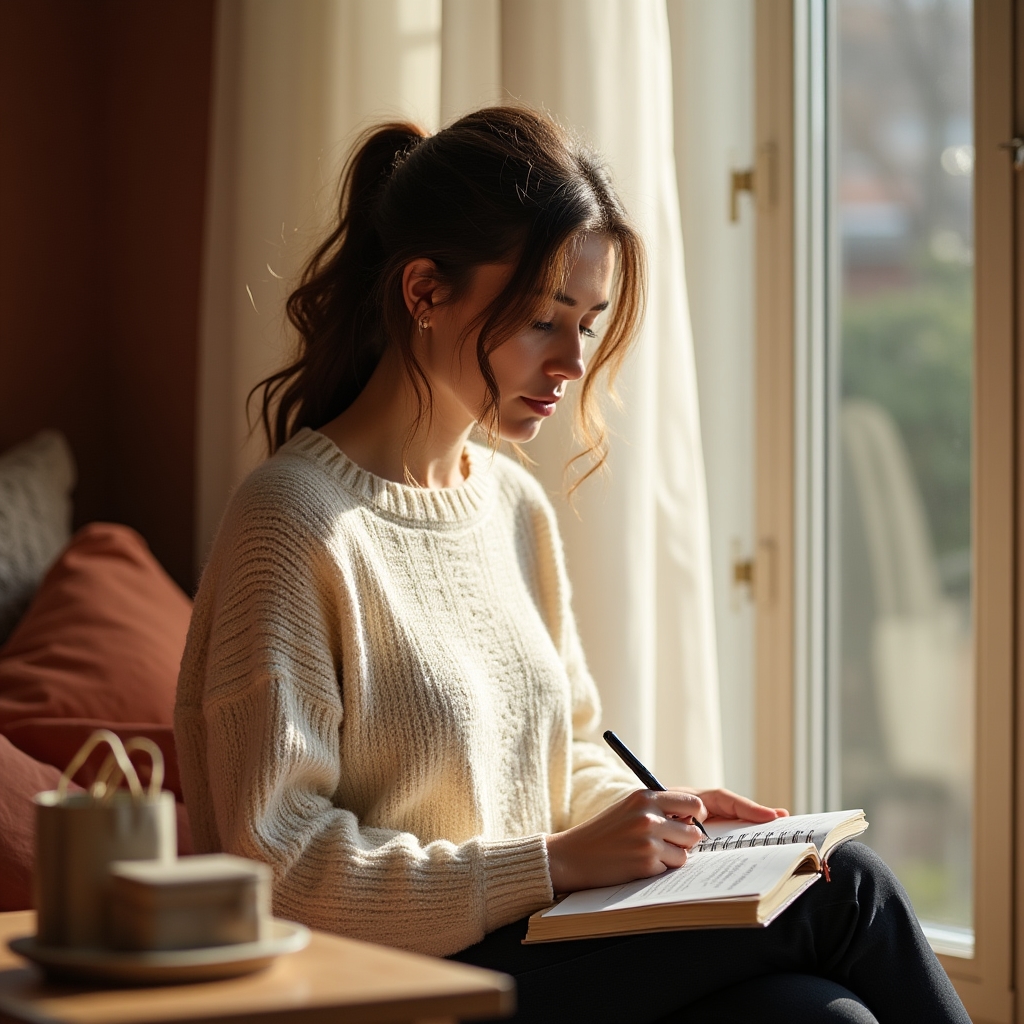 Persona sentada junto a una ventana reflexionando con un cuaderno sobre una compra reciente