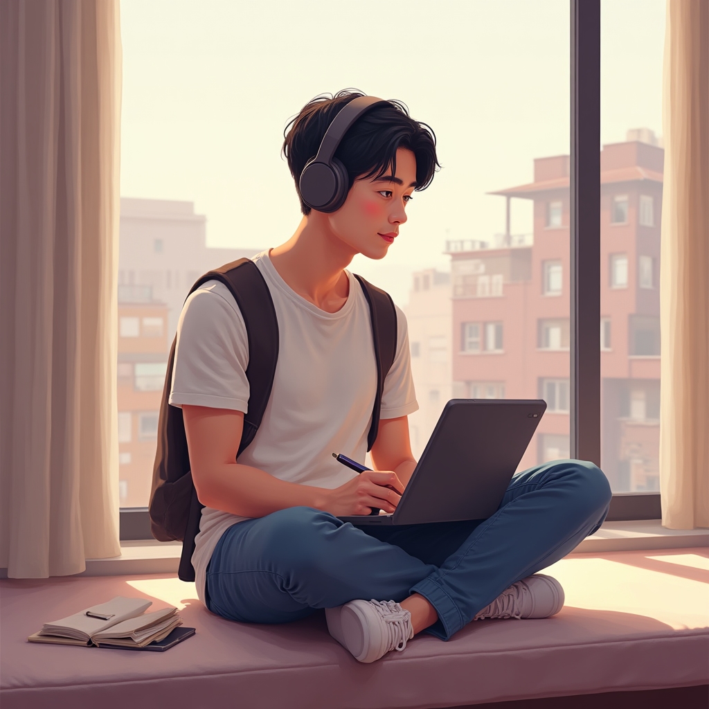 Persona con auriculares tomando notas frente a una tablet en un espacio de estudio en casa