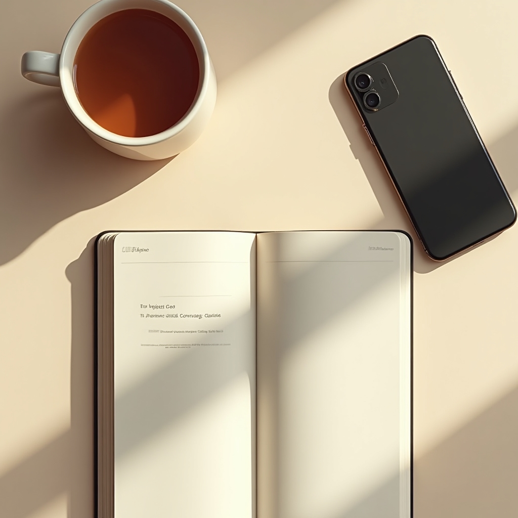 Vista cenital de un escritorio con una taza de té, un teléfono y un cuaderno de reflexión abierto