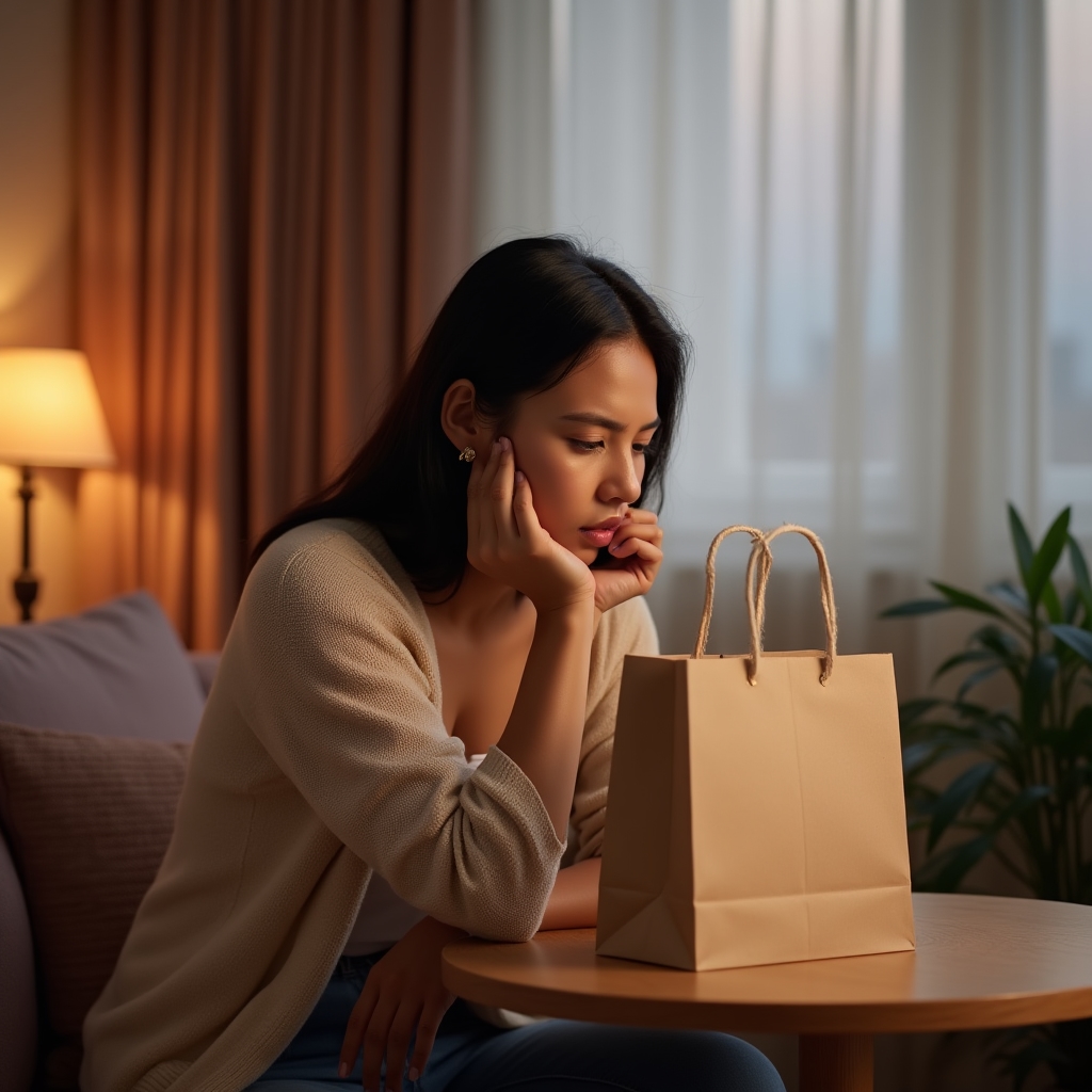 Persona mirando una bolsa de compras sobre una mesa con expresión pensativa a la luz de la tarde